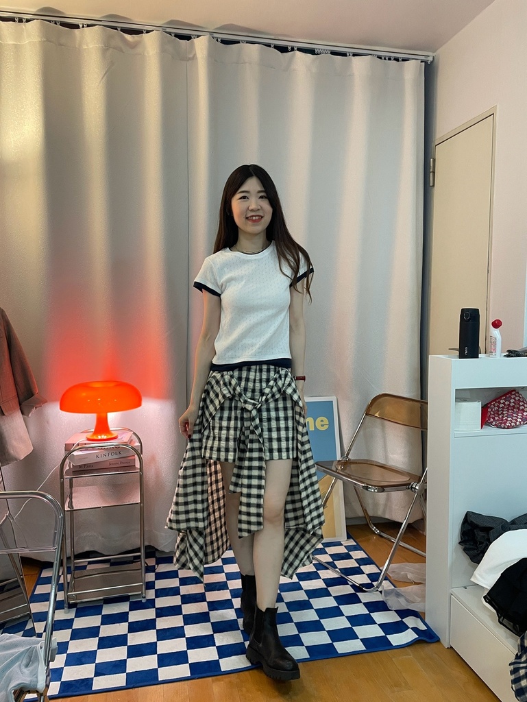 高質感設計款假兩件格紋綁帶短褲