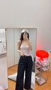 高質感推薦後鬆緊濃郁調色撞色縫線直筒牛仔褲