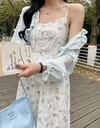 特價款花花壓紋水彩繽紛吊帶長洋裝