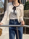 氣質直條緹花透氣撞色滾邊蝴蝶結短版外