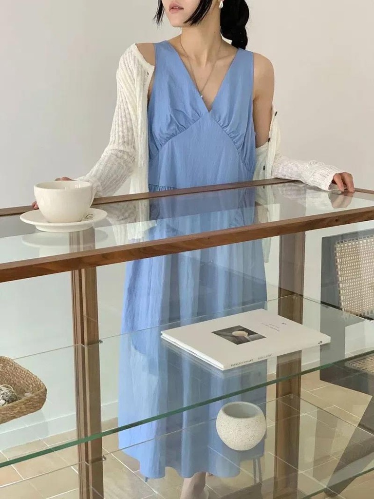 高質感V領後拉鍊側抽繩背心長洋