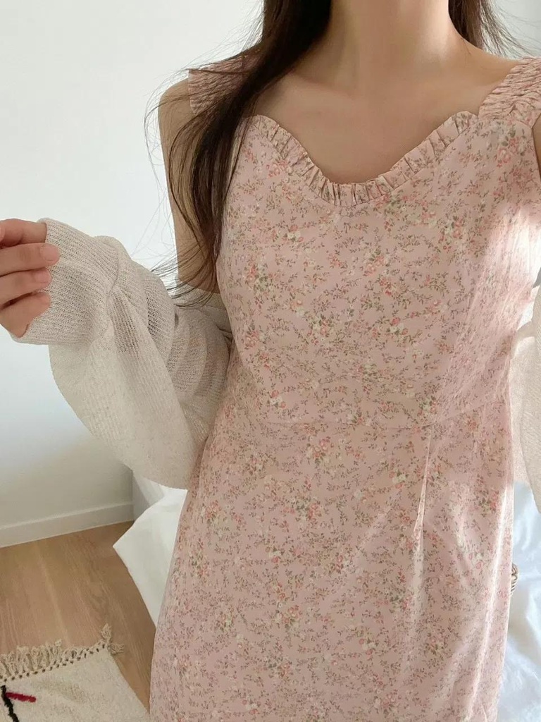 高質感特價桃心領後拉鍊雪紡碎花背心長洋裝