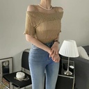 高質感特價不規則花邊露肩針織上衣