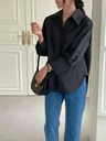 薄款寬鬆隱藏扣前短後長長袖上衣