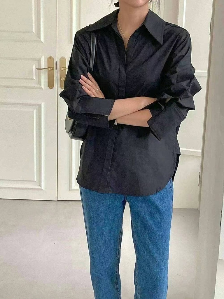 薄款寬鬆隱藏扣前短後長長袖上衣