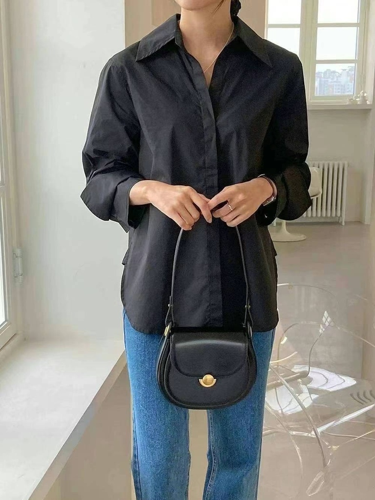 薄款寬鬆隱藏扣前短後長長袖上衣
