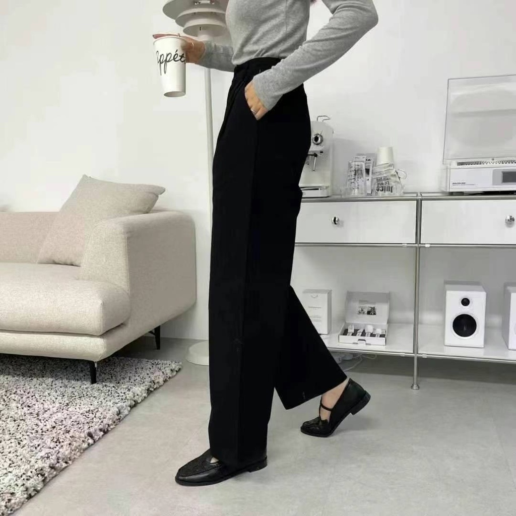 琥珀紋帶扣後鬆緊直筒褲