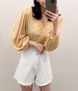 V領直坑條紋素色排扣上衣