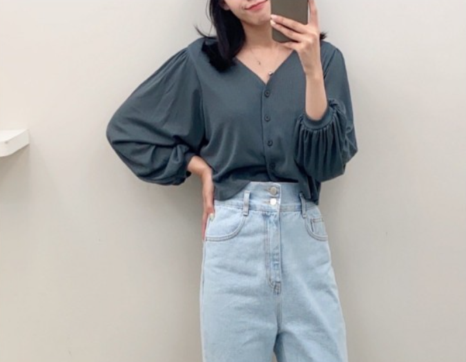 V領直坑條紋素色排扣上衣