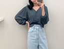V領直坑條紋素色排扣上衣