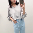 V領直坑條紋素色排扣上衣