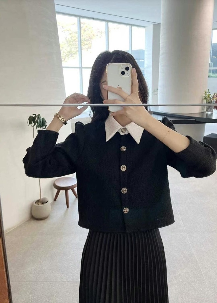 撞色翻領編織紋小香外套