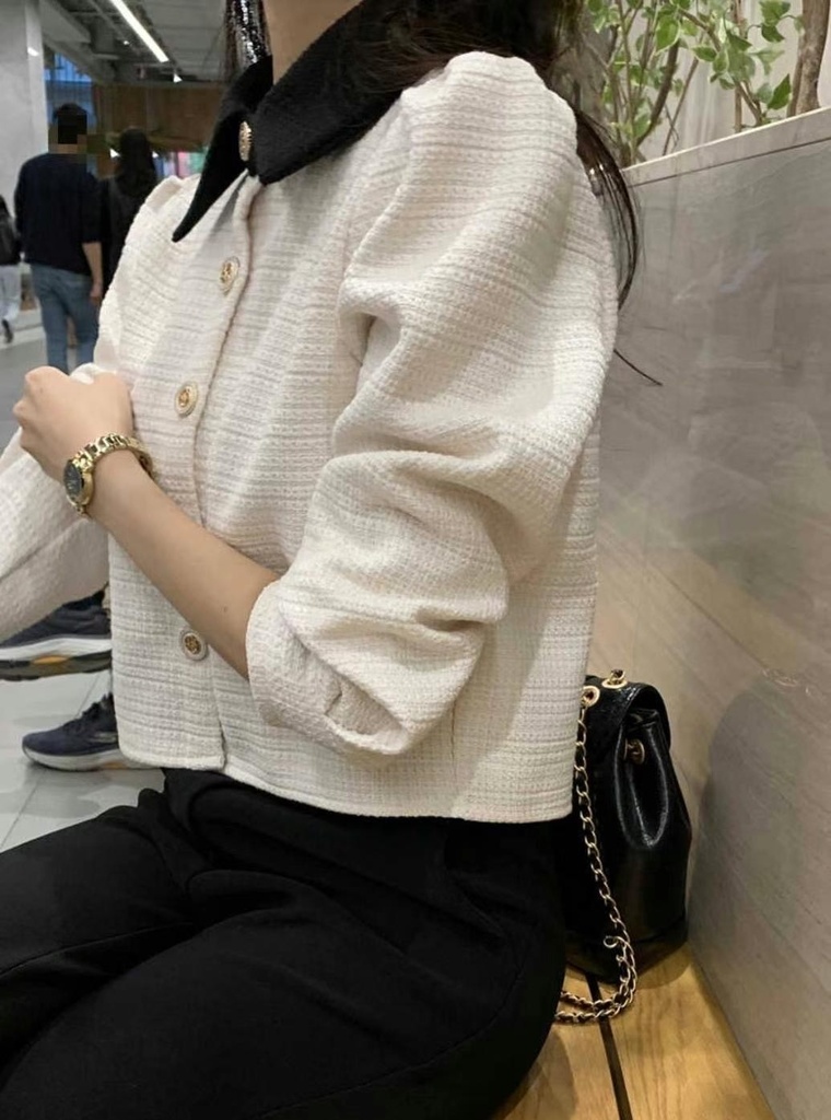 撞色翻領編織紋小香外套