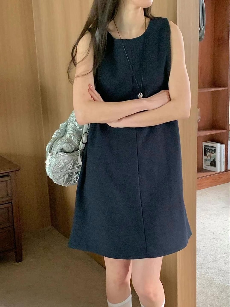 圓領寬肩帶後綁帶短洋裝