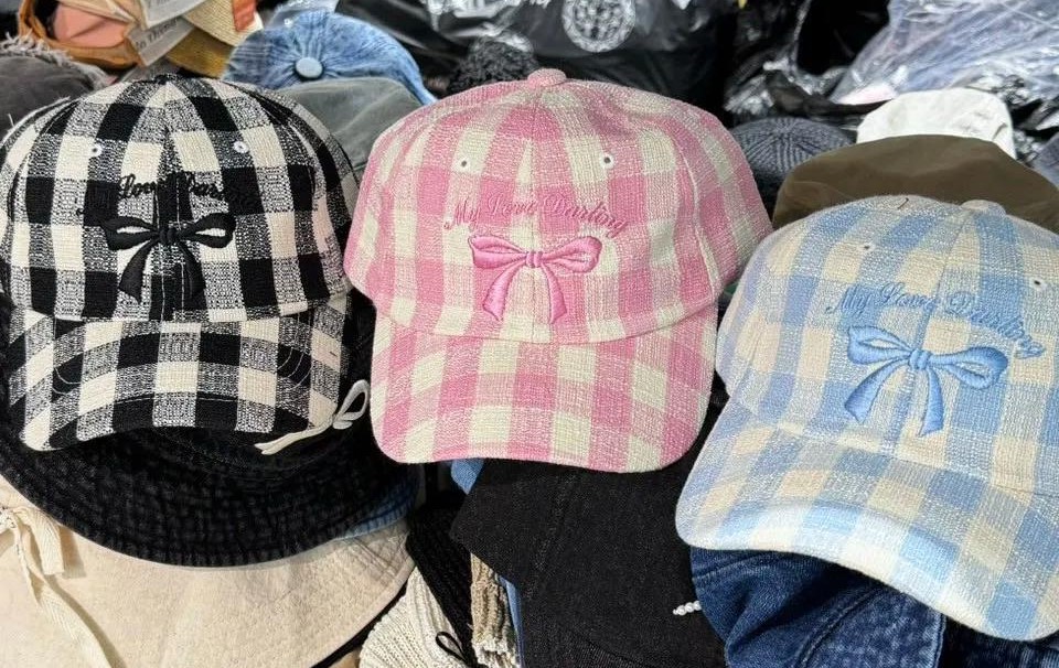格紋刺繡蝴蝶結老帽