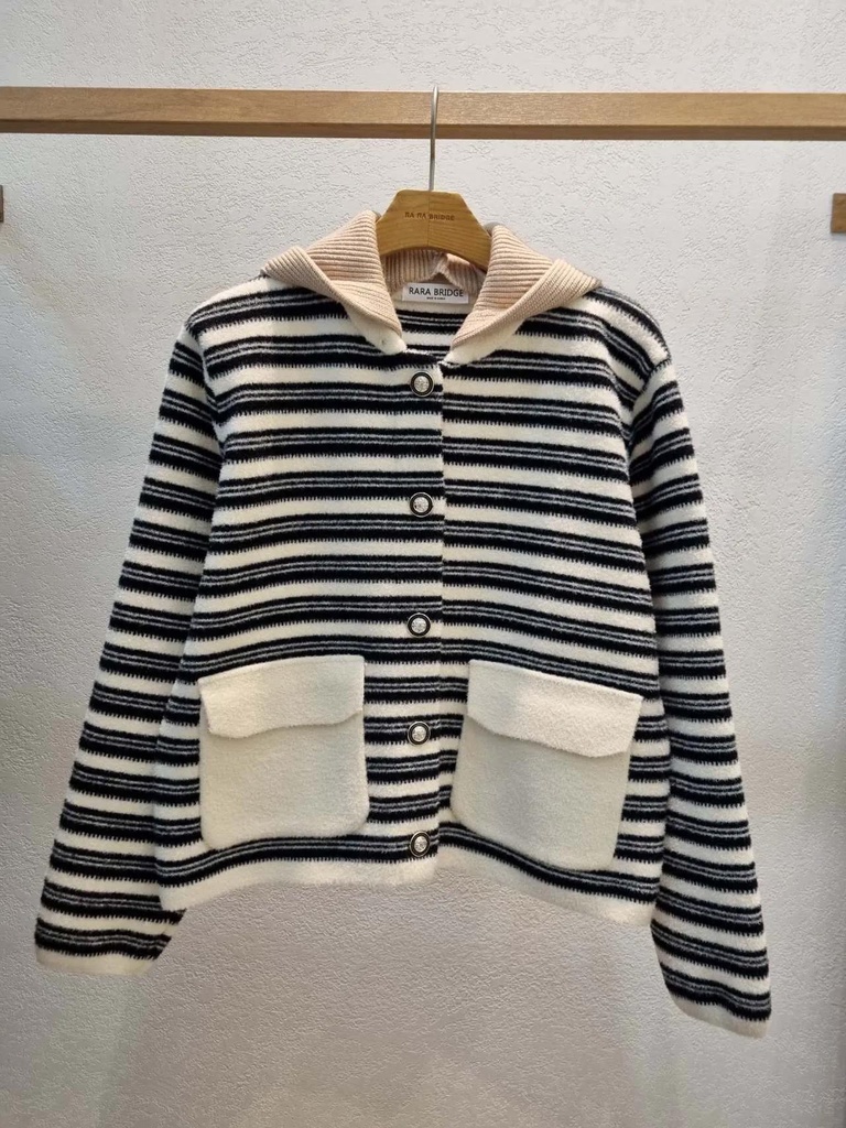 翻蓋口袋條紋厚磅針織外套(帽子可拆