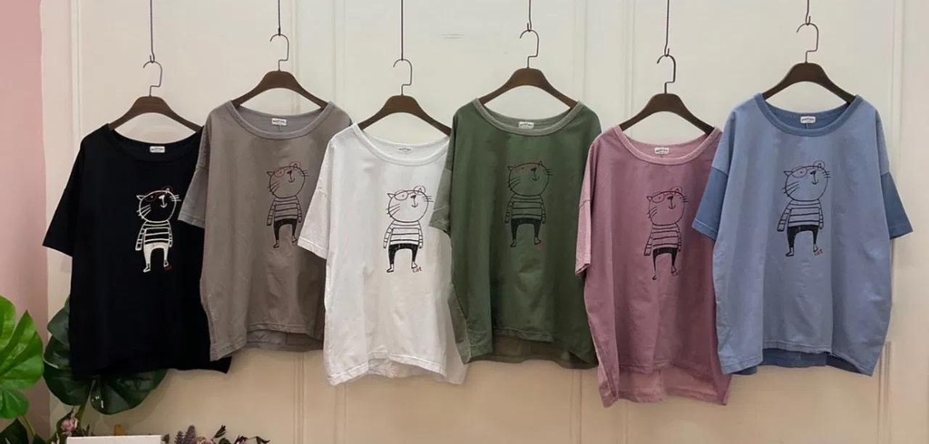 眼鏡貓咪前麻後棉材質寬鬆tee