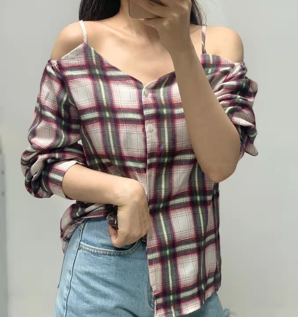 細肩雙邊露肩排扣經典格紋棉麻上衣