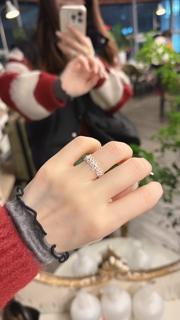 925純銀大小簍空花花可調戒指