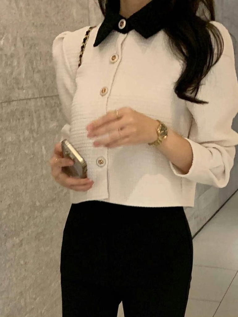 撞色翻領編織紋小香外套