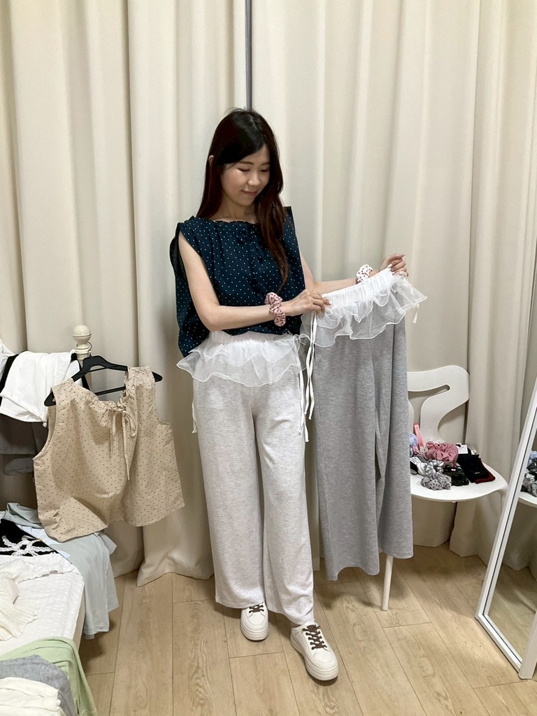 高質感設計款芭蕾感全鬆緊挺棉口袋寬褲