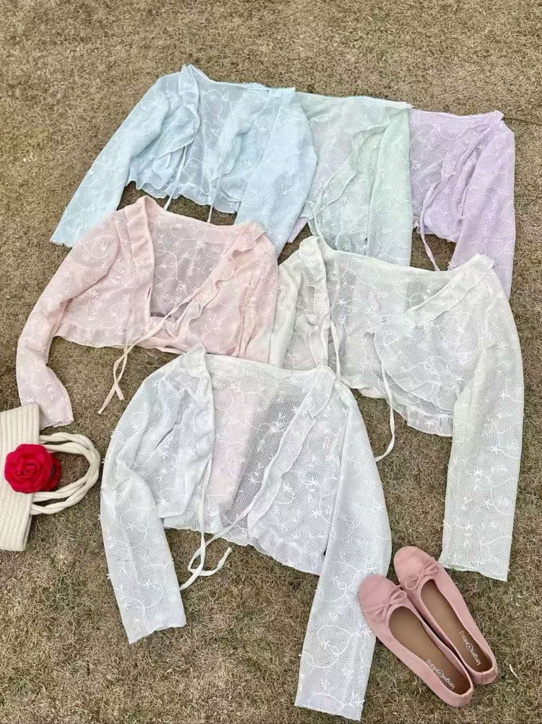 特價款綁帶花邊立體刺繡小罩衫