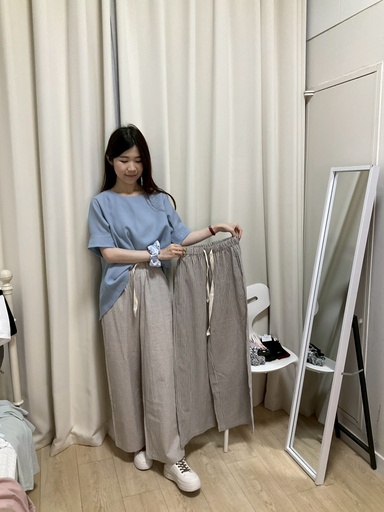 [PS504] 全鬆緊條紋棉麻長寬褲