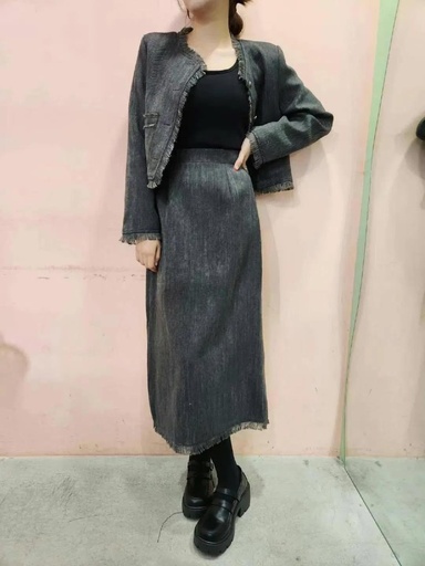 [MA203] 已摺 微墊肩外+後鬆緊開岔裙小香流蘇套裝