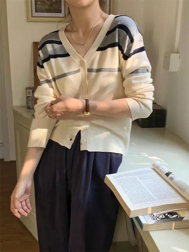 [AG230805] 高質感特價V領撞色條紋全開扣針織外套