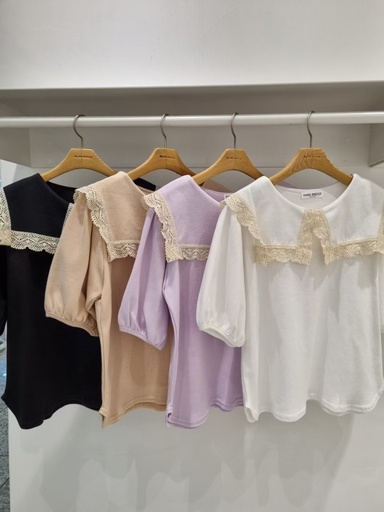 [RA220518] 蕾絲方領荷葉底挺版純棉上衣