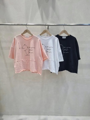 [R4602] 圓領英文連線圖大口袋棉T